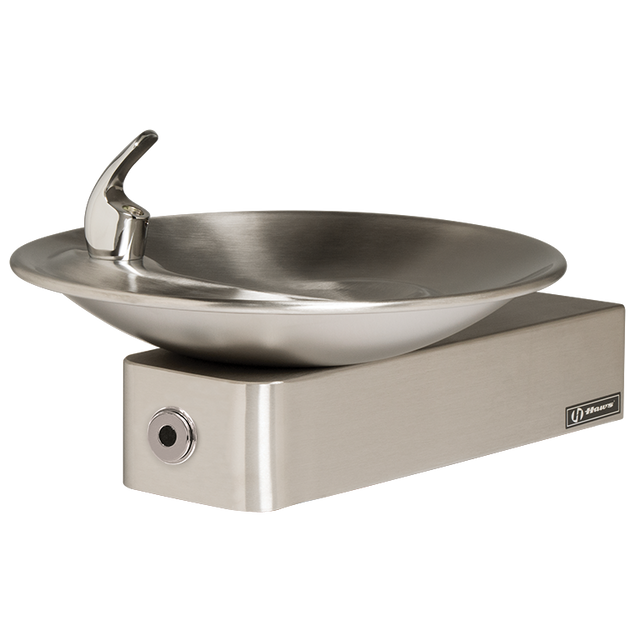 Haws 1001HO ADA, stainless steel w/round sculpted bowl, touchless operation. Also must purchase item 6700 - Steel in-wall mounting plate, single bubbler fountains