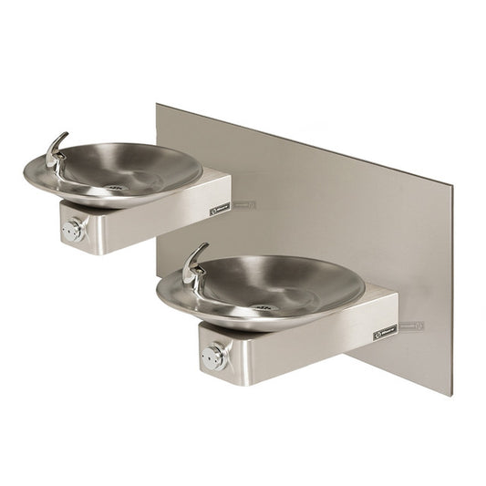 Haws 1011 Hi-lo, barrier-free, stainless steel w/round sculpted bowls. Also must purchase item 6700.4 - Steel in-wall mounting plate, hi-lo dual bubbler fountains