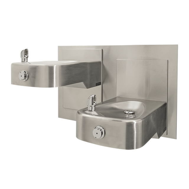 Haws 1117L 14-gauge, hi-lo, adjustable height, satin-finish stainless steel fountains, low-profile, integral bowl and trap. Also must purchase item 6717 - Steel in-wall mounting plate for 1117L