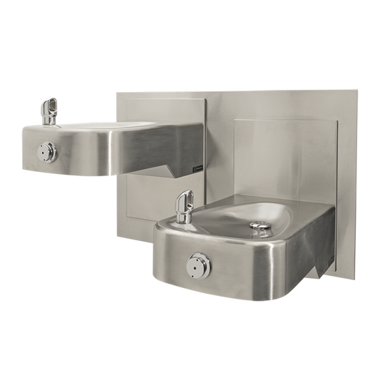 Haws 1117L 14-gauge, hi-lo, adjustable height, satin-finish stainless steel fountains, low-profile, integral bowl and trap. Also must purchase item 6717 - Steel in-wall mounting plate for 1117L