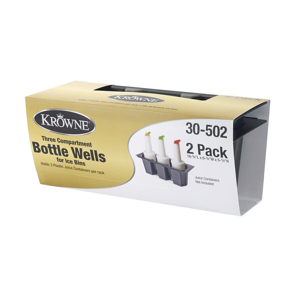 Krowne 30-502 Krowne 30-502. 3-Bottle Plastic Bottle Wells for KR19 Ice Bins Packed in Sleeve (Quantity 2). Built in rail for optional sliding cover. Raised floor to keep bottles dry. Durable black ABS plastic. Holds 3 plastic juice containers (juice containers not included). Contains (2) 3-Bottle Plastic Bottle Wells for KR19 Ice Bins.