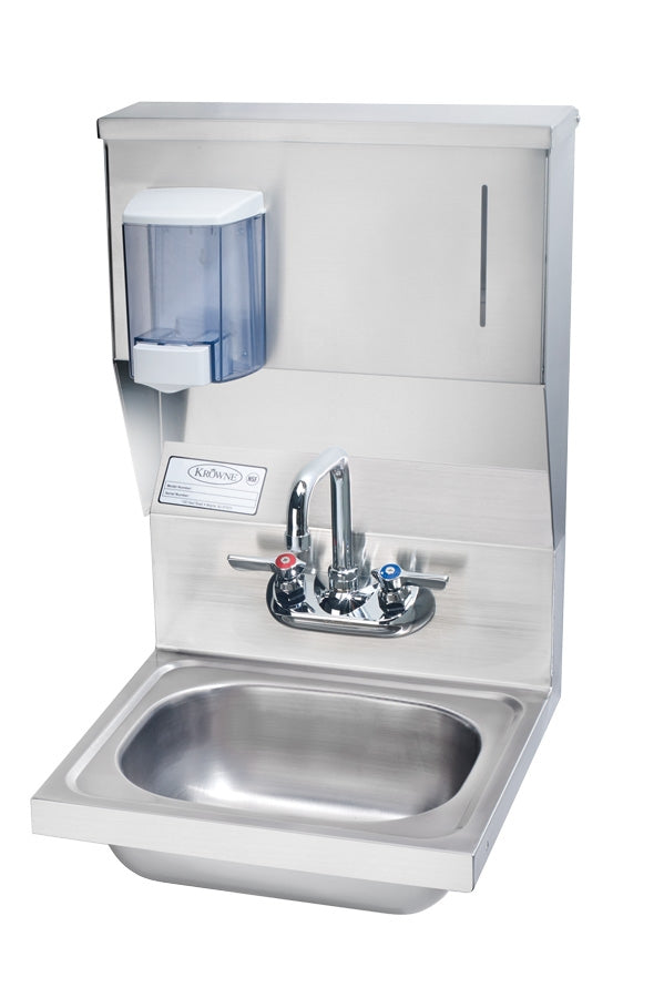 Krowne HS-56. 16" WIDE Wall Mount Hand Sink WITH SOAP & TOWEL DISPENSER.                    